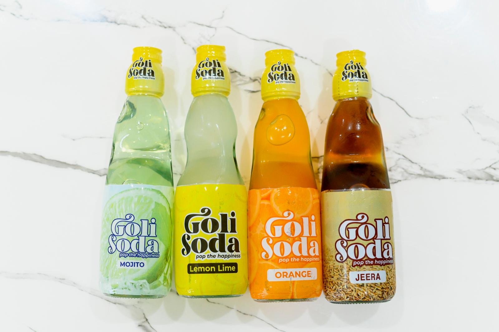 Goli Soda Australia range: Mojito, Lemon Lime, Orange and Jeera bottles